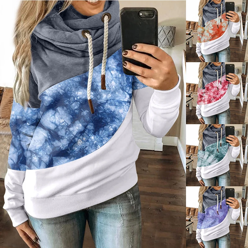 

Autumn Winter Pocket Hoodies Sweatshirts Gradient Print Patchwork Hooded Sweatshirt Women Drawstring Long Sleeve Harajuku Hoodie