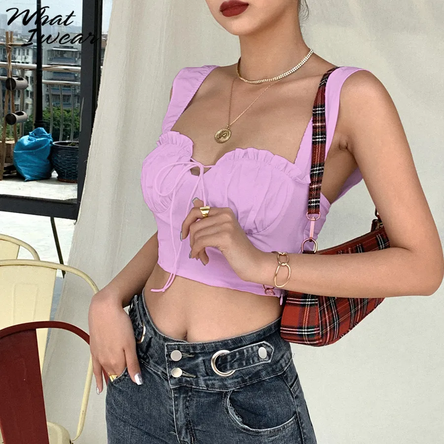 

Summer New Women's Sexy Tank Tops in Soft Fabric with Plain Bow and Navel on Chest Cropped Vest Women Fitted Basic Lace Camisole