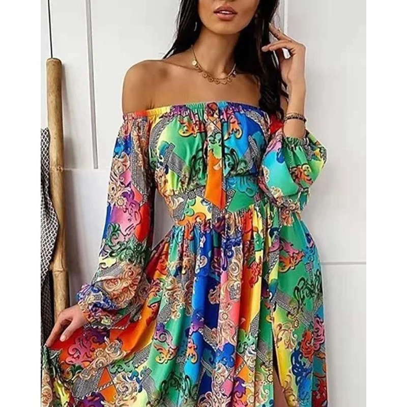 

2021 Summer Women Dress Slash Neck Sexy Loose Waist Casual Plus Size Print Floor-Length Long Dress Fashion Vestido Donsignet