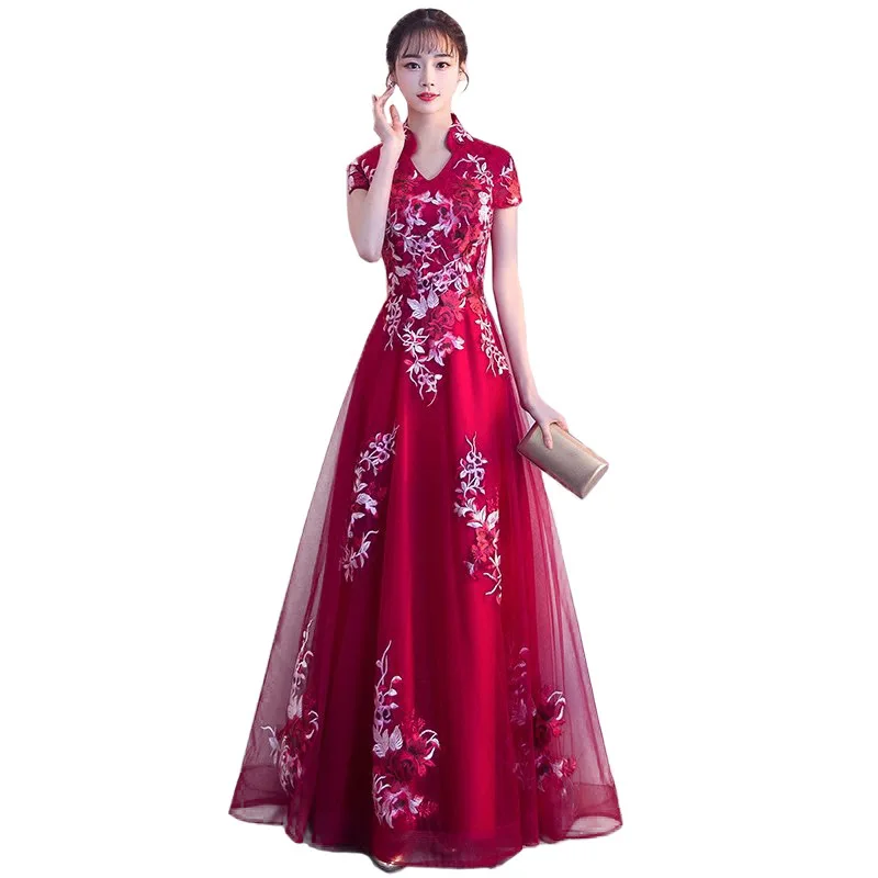 

Bridal Dress for Toast 2019 New Slim Belly Covering Back Door Evening Gown V-neck Host Big Red Long Dress