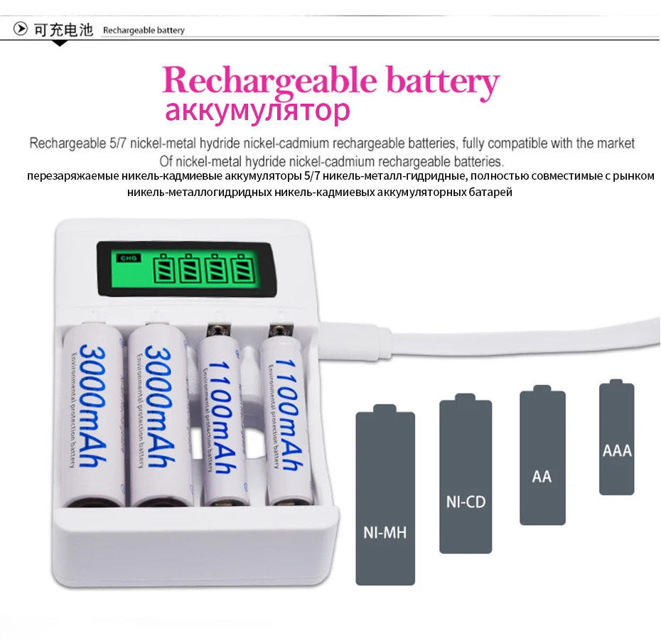 USB Автомобильное Зарядное устройство+ интеллект 4 слота ЖК-дисплей дисплей Батарея Зарядное устройство для AA/AAA перезаряжаемый аккумулятор