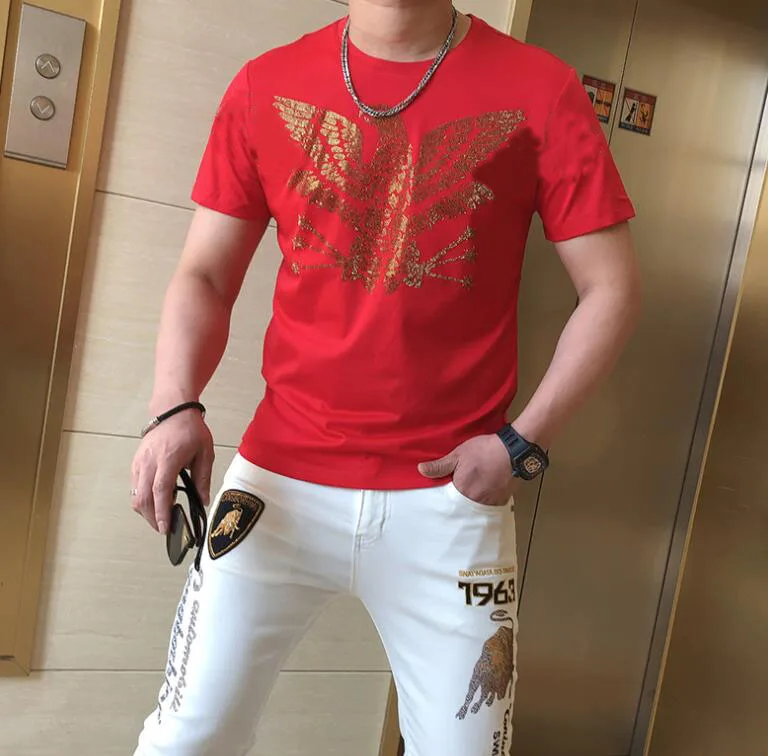 

Fashion Men Diamond T-shirt Round Neck Short Sleeve Shiny Rhinestone Designer Tshirts 100% Cotton Tees Tops High Quality T Shirt