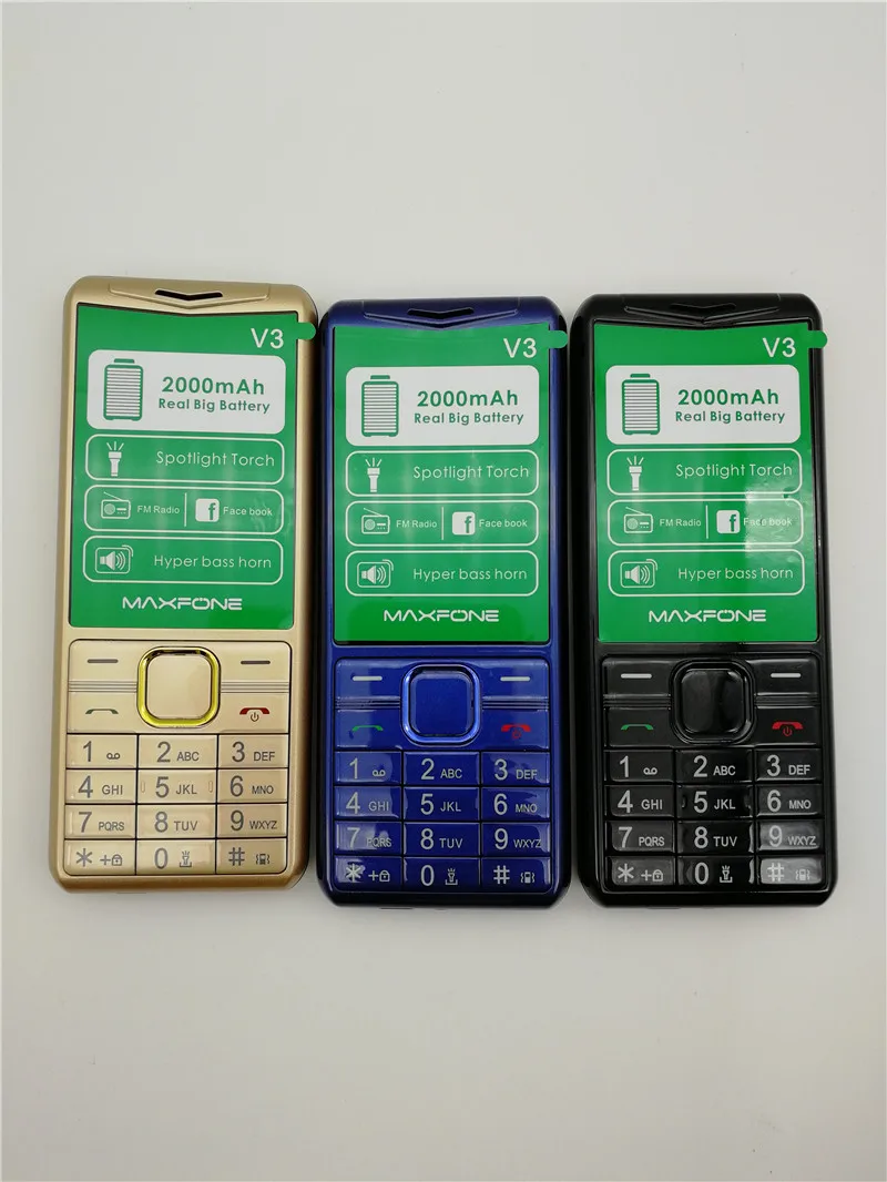 Maxfone V3 кнопочные сотовые телефоны с 1,77 дюймов 2000 мАч две sim-камеры Bluetooth Spotlight большой динамик FM дешевый мобильный телефон