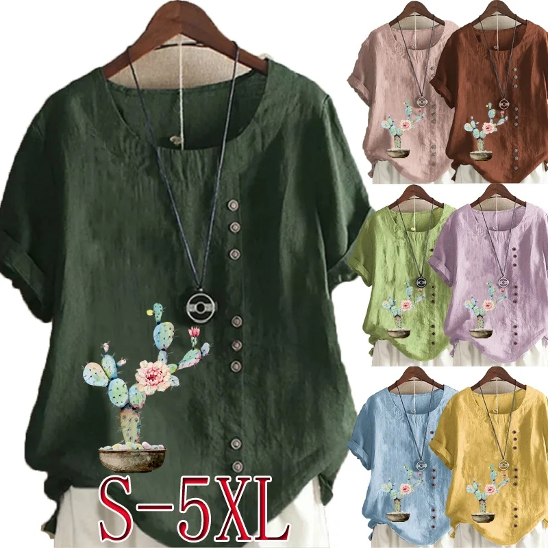 

Women's New Fashion Summer Cactus Printed Round Neck Short Sleeve T-shirt Casual Loose Solid Color Blouse Tops Plus Size