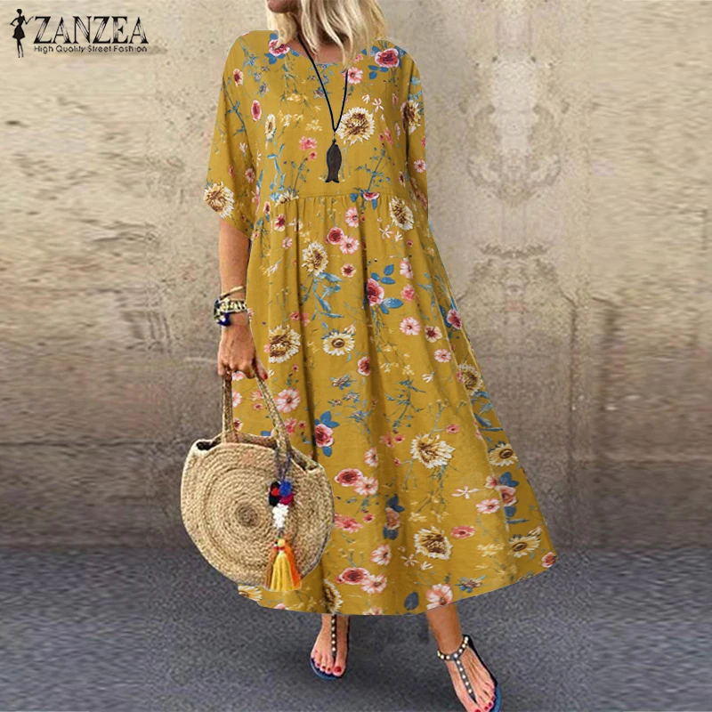 Платье ZANZEA женское повседневное с цветочным принтом длинный пляжный сарафан