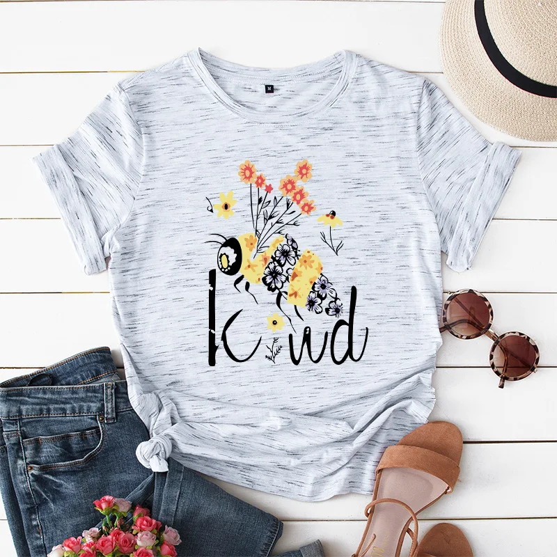

Be Kind Printed Cute Bee Printing 100% Cotton Short-sleeved Women Tshirts Soft Female T shirt for Women Plus Size Femme Top