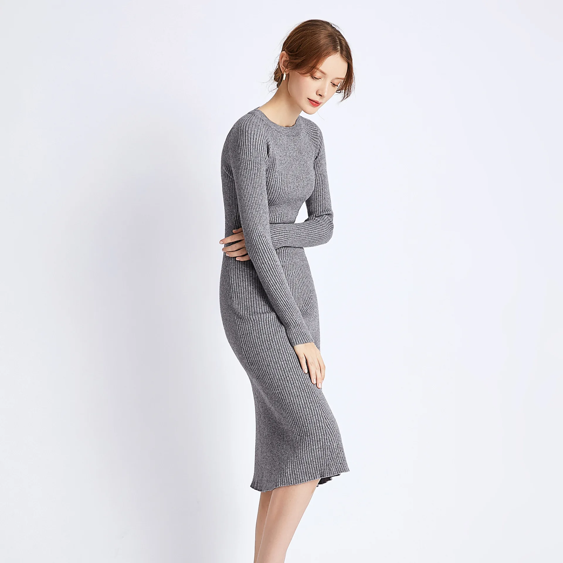 Женское плотное теплое платье HLBCBG длинное облегающее трикотажное в рубчик с