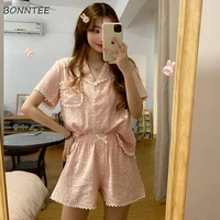 pajama sets women summer lace kawaii pockets korean cute preppy sweet polka dot homewear breathable daily simple nightwear chic