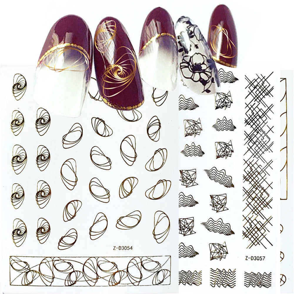 1 шт. 3D наклейки для ногтей золотые Геометрические линии самоклеящиеся