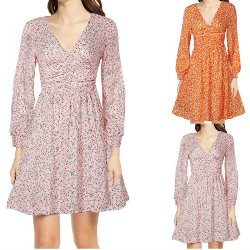 

Floral Dress 2021 Fall Sexy V-neck Lantern Sleeve Lace High Waist Short Skirt Fashion Printed College Style Princess Dress