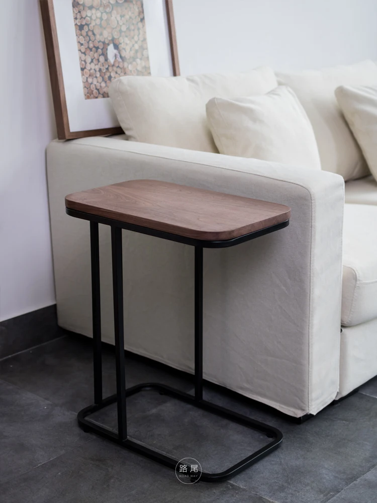 Nordic Wrought Iron Sofa Side Simple Modern Black Walnut Solid Wood Bedside Table Ins Living Room Marble Corner |