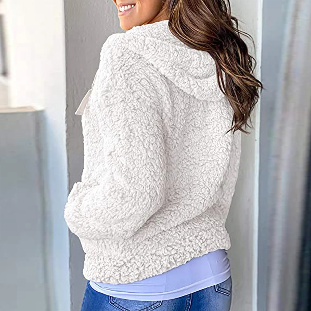 

Jackets for Women Hooded Coat Zip Up Pockets Fleece Jacket Winter Warm Teddy Fluffy Fur Sweatshirt Female Coats