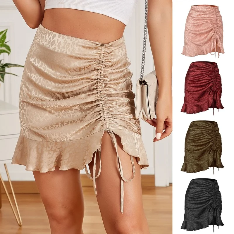 

Drawstring Cinched Ruched Mini Skirt Pink White Gray Black Women Pleat Bodycon Club Party Cotton Skirts