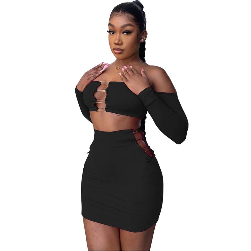 

Sexy Pin 2 Piece Set Long Sleeve Off Shoulder Crop Top Bodycon Mini Dress Summer Clothes Night Club Outfits Matching Set