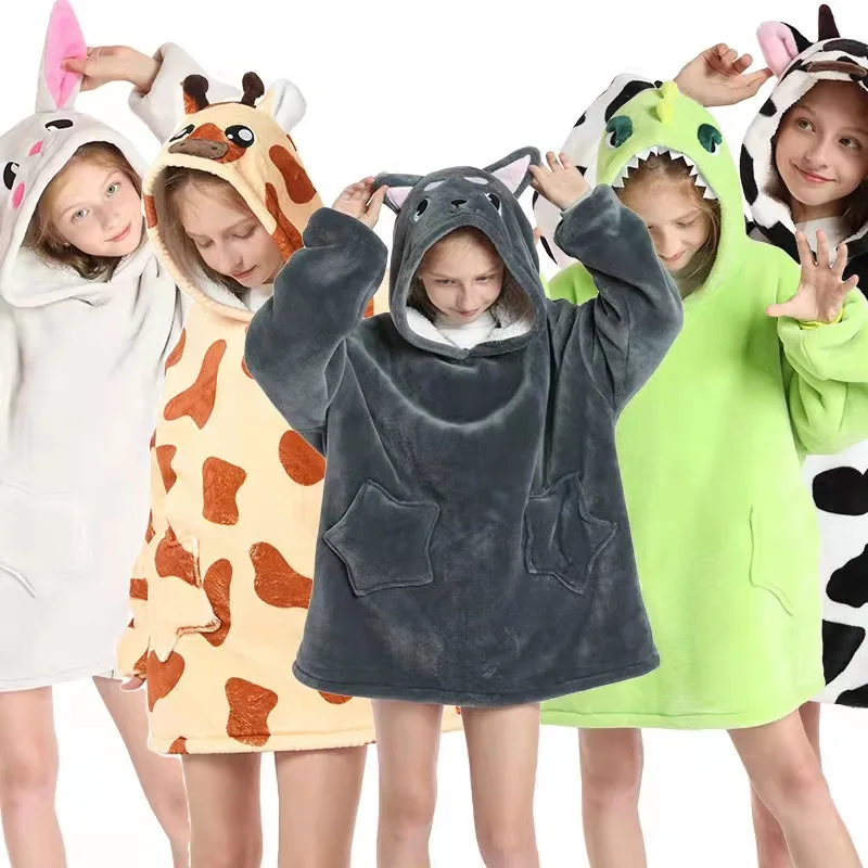 

Cartoon Oversized Hoodie Sweatshirt Women Printed Wearable Blanket Hoodie Fleece Warm Kids Sleepwear Hoody Sweatshirt Blanket