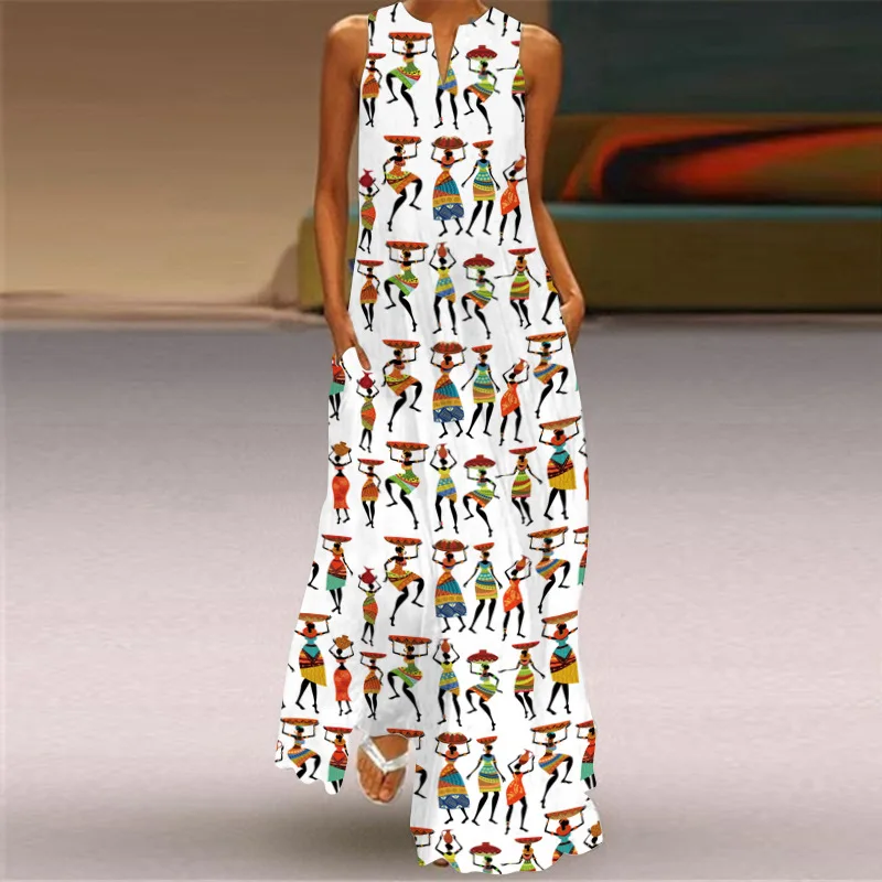 

2021 New Summer Women Sleeveless V-Neck Print Sexy Dress Long Dress Women's Clothing Oversized Fashion Pullover Dresses Vestidos