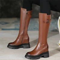 military riding boots womens genuine cow leather knee high boots hidden wedge chunky motorcycle riding long boots punk goth