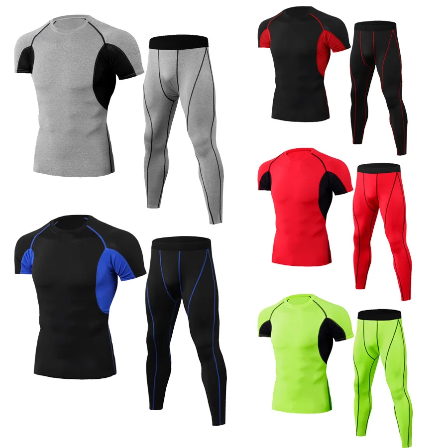 

2020 New Fitness Workout Compression Tights Running Set T-shirt Leggings Gym Sportswear Men's Sport Suit Shirt Kit