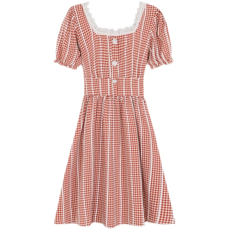 

COIGARSAM Lace Women dress Summer Plaid Dresses Red 1247