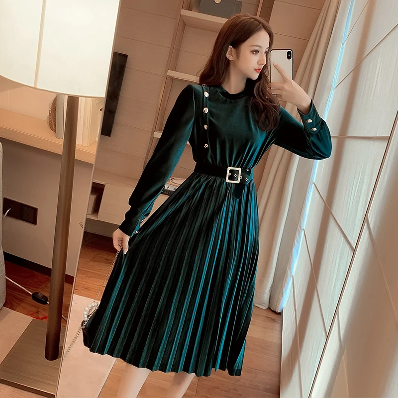 Женское плиссированное платье длинное черного темно зеленого цветов 7290|Женские