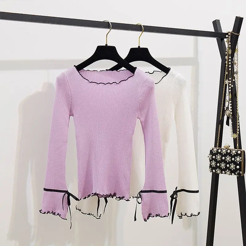 Autumn Women Flare Sleeve Knitted Bow Top+Mid-Long Black Suspender Skirt Set Streetwear Two-piece Set Strap Skirt Overalls