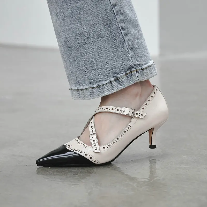 

Shoes Pointed Toe Pumps for Women Genuiine Leather High Heels Boat Shoes Wedding Shoes Zapatos Mujer Black Beige