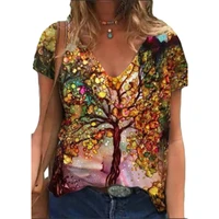 2021 new printed womens t shirts summer trendy plants flowers printing short sleeve t shirts v neck casual tops