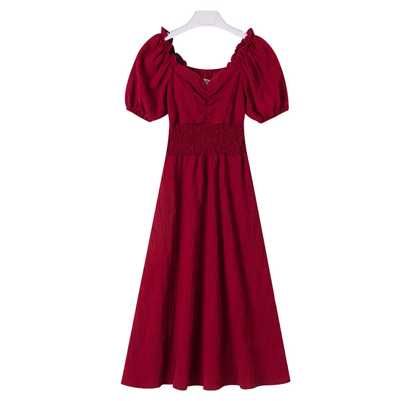 

EHQAXIN Summer Fashion Ladies French One-Line Collar Long Short Sleeve Dress Retro High Waist Casual Elastic Long Skirt M-4XL