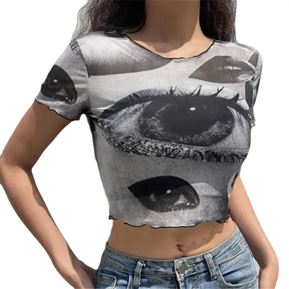 

Summer Fashion Women Top Eye Pattern Printed Round Neck Gothic Short Sleeve Slim Fit Outdoor Sports Running Fitness Clothes