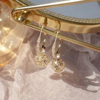 korean delicate hollow pattern ball girl earring with zircons luxury 14k plated gold femme ringen earring birthday gift