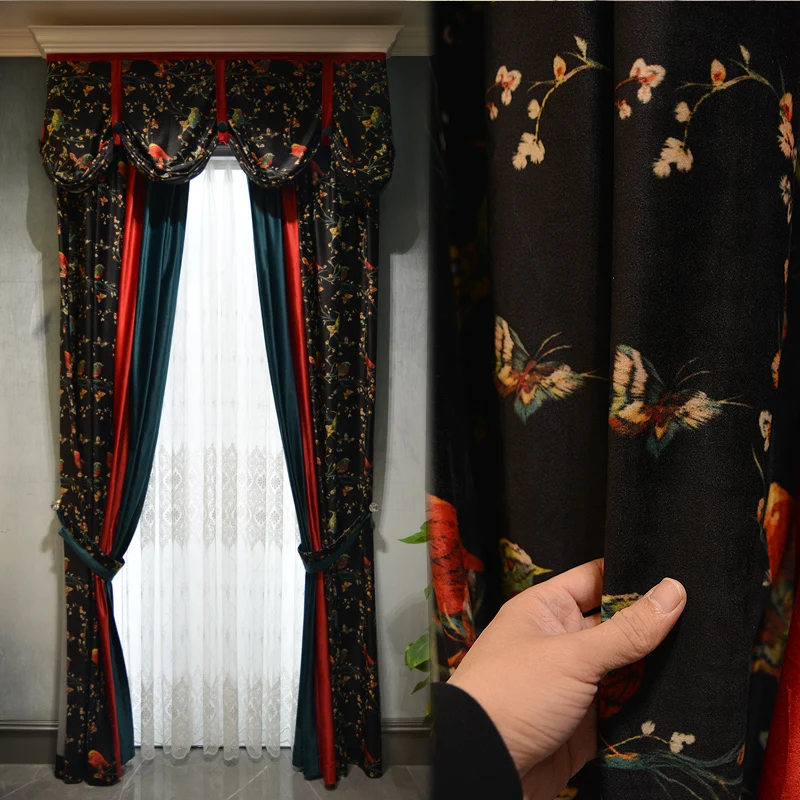 

European-style Curtains for Living Dining Room Bedroom Classical Embroidery Chenille Black Curtains Valance Curtains Tulle