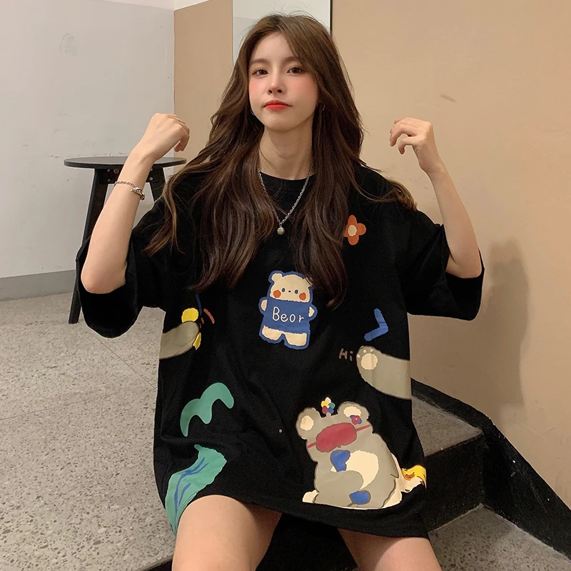 

Japanese Cartoon Print Short-sleeved Round Neck T-shirt Mid-length Top Loose Wild Summer College Style T-shirt