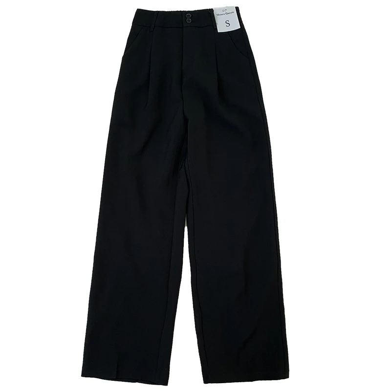 

2021 Summer Women Suit Pant Elastic High Waist Double Button Semi Loose Thin Straight Long Pants