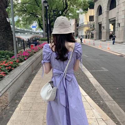 

Summer Long Dress Women's Solid Square Neck Short Sleeve Lace Up Bow Dress Women's Fashion Stitching Slim Dress
