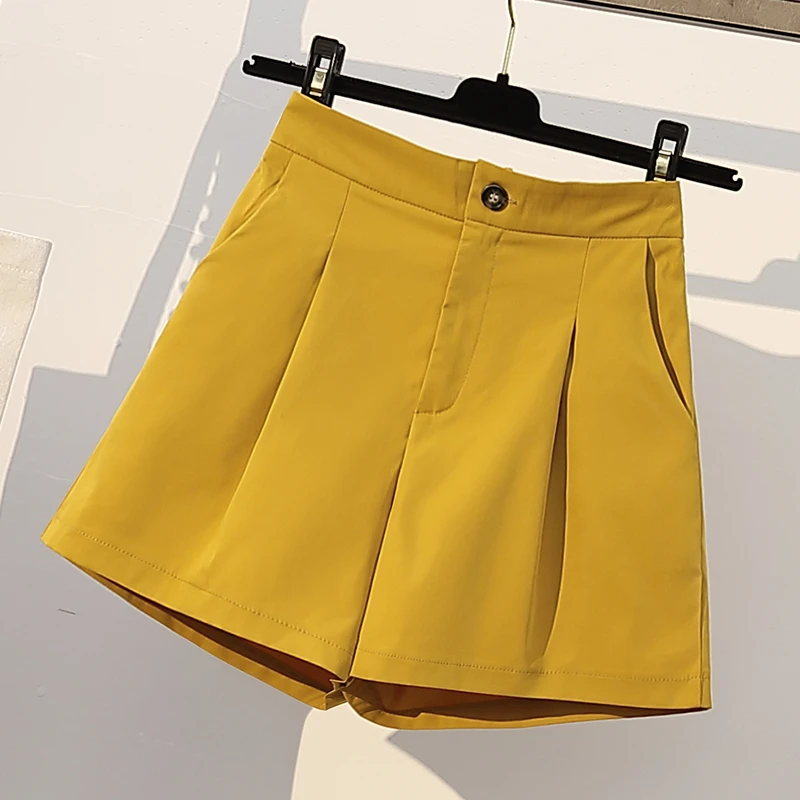 

plus size 5XL Summer Short Two Piece Set Women Hidden Breasted Loose Shirt Top + Yellow Wide Leg shorts Female Work Wear Suits