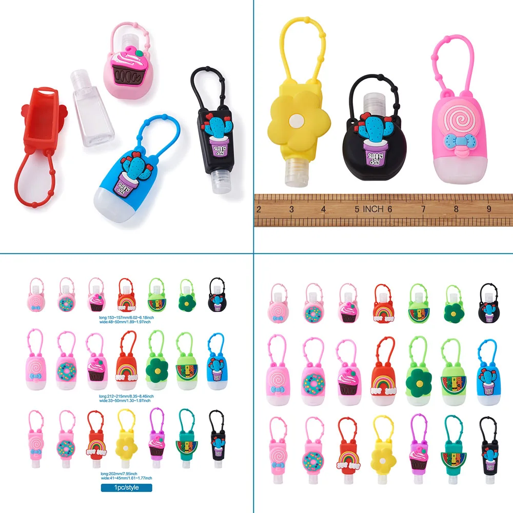 

21pcs Portable Plastic Refillable Bottle Squeeze Bottles & Flip Top Cap Bottles with Silicone Cover Rainbow Food Donut Flower