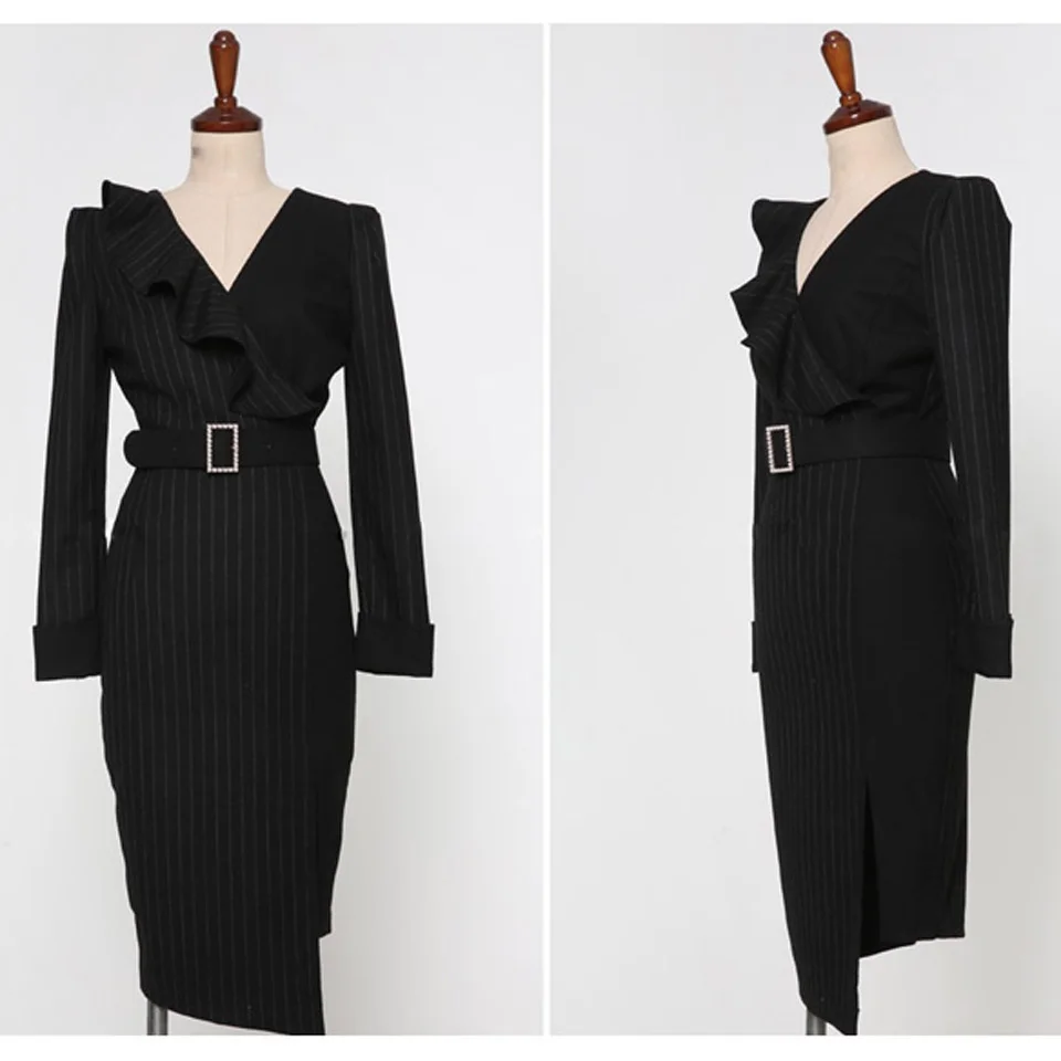 Office Lady Dress Autumn High Waist Slim Striped Stitching Black Long Sleeve V-Neck Ruffle Elegant Party Dress Women