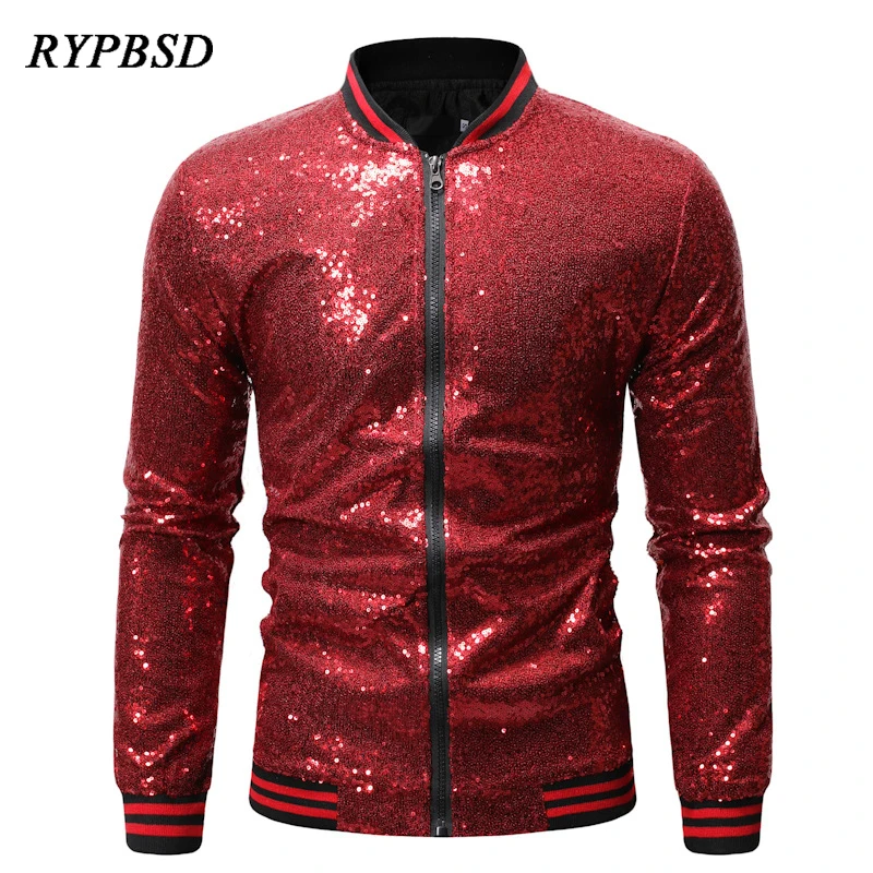 

Sequin Baseball Men Jacket 2021 Autumn Fashion Streetwear Jacket Harajuku Clothes Kawaii Zipper Party Nightclub Stage Costumes