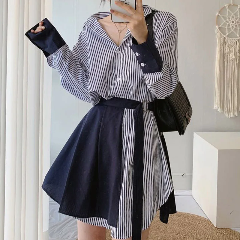

SuperAen Turn Down Collar Single Breasted Striped Shirt + One Piece Lace Up Suit Dresses for Women