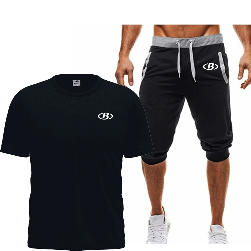 

2021 summer men's comfortable and loose fitness sports B letter printed short sleeve + jogging pants suit