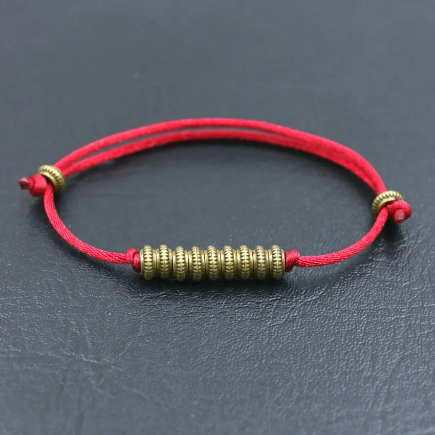 Браслет веревочный под старину с золотыми бусинами Тибетский браслет красной