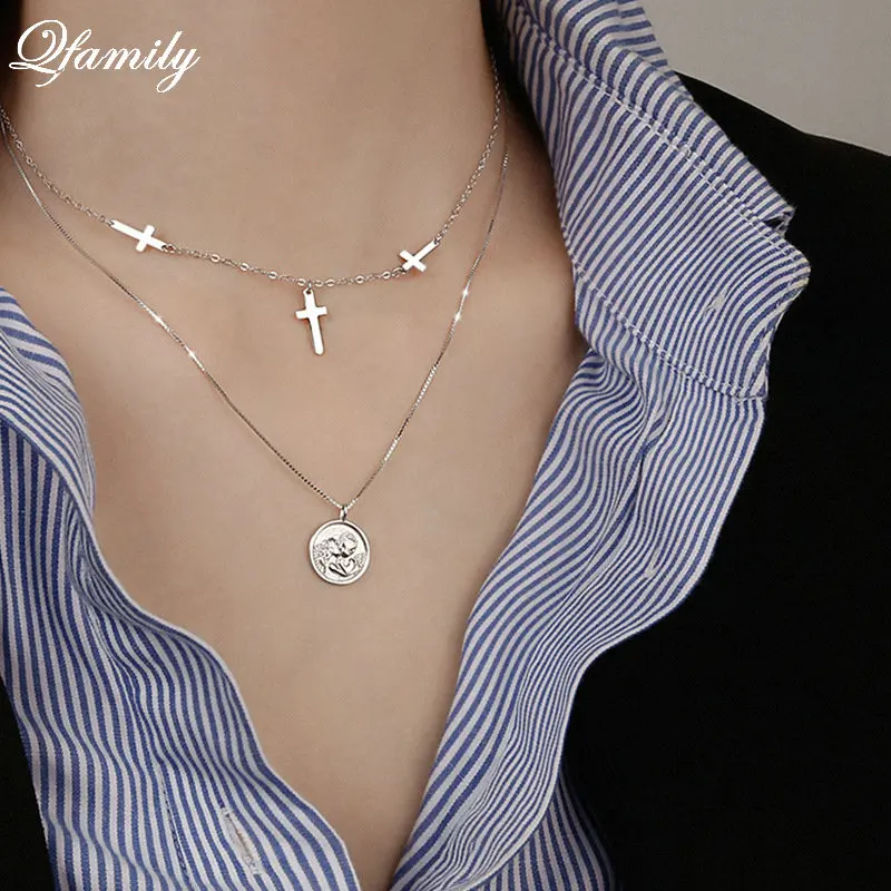 

925 Sterling Silver Embossment Round Pendant Necklace for Women Vintage Cross Double Layer Clavicle Chain Necklace Jewelry