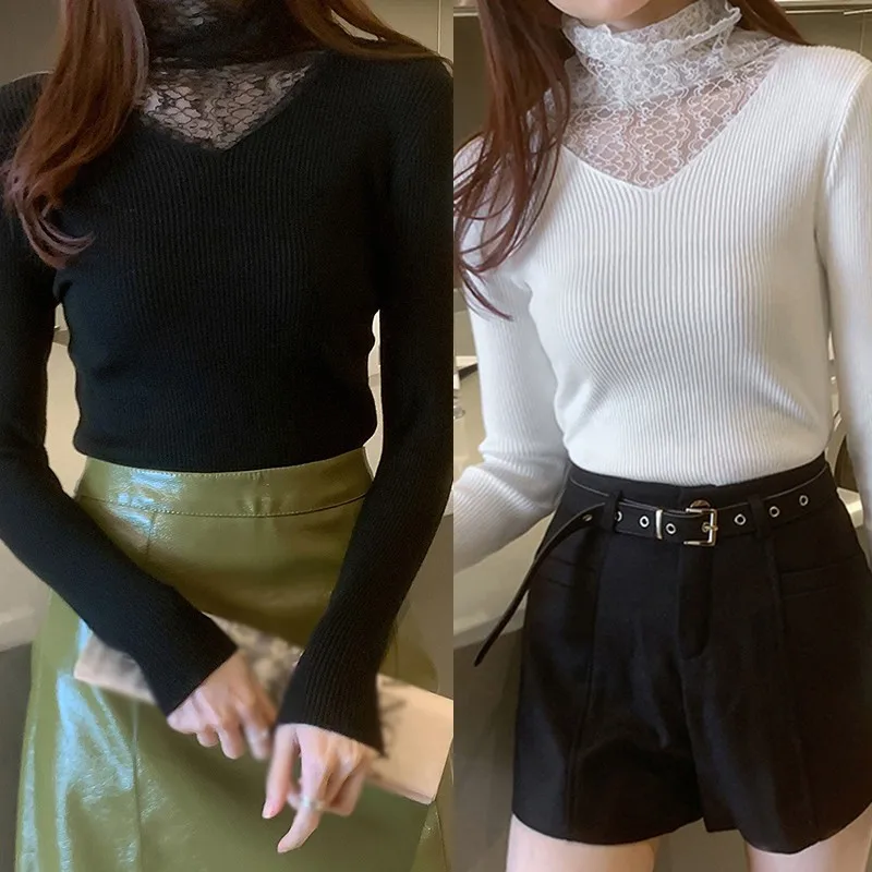 

Slim Half High Neck Knitted T Shirt Women Long-Sleeved Lace Stitching T-shirts Female Casual Tops