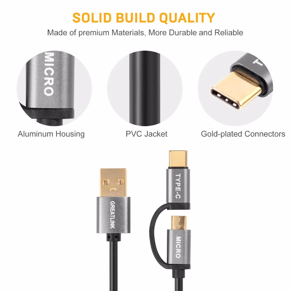 Кабель Micro USB для Samsung 2 в 1 кабель Type-C быстрой зарядки C и передачи данных телефона