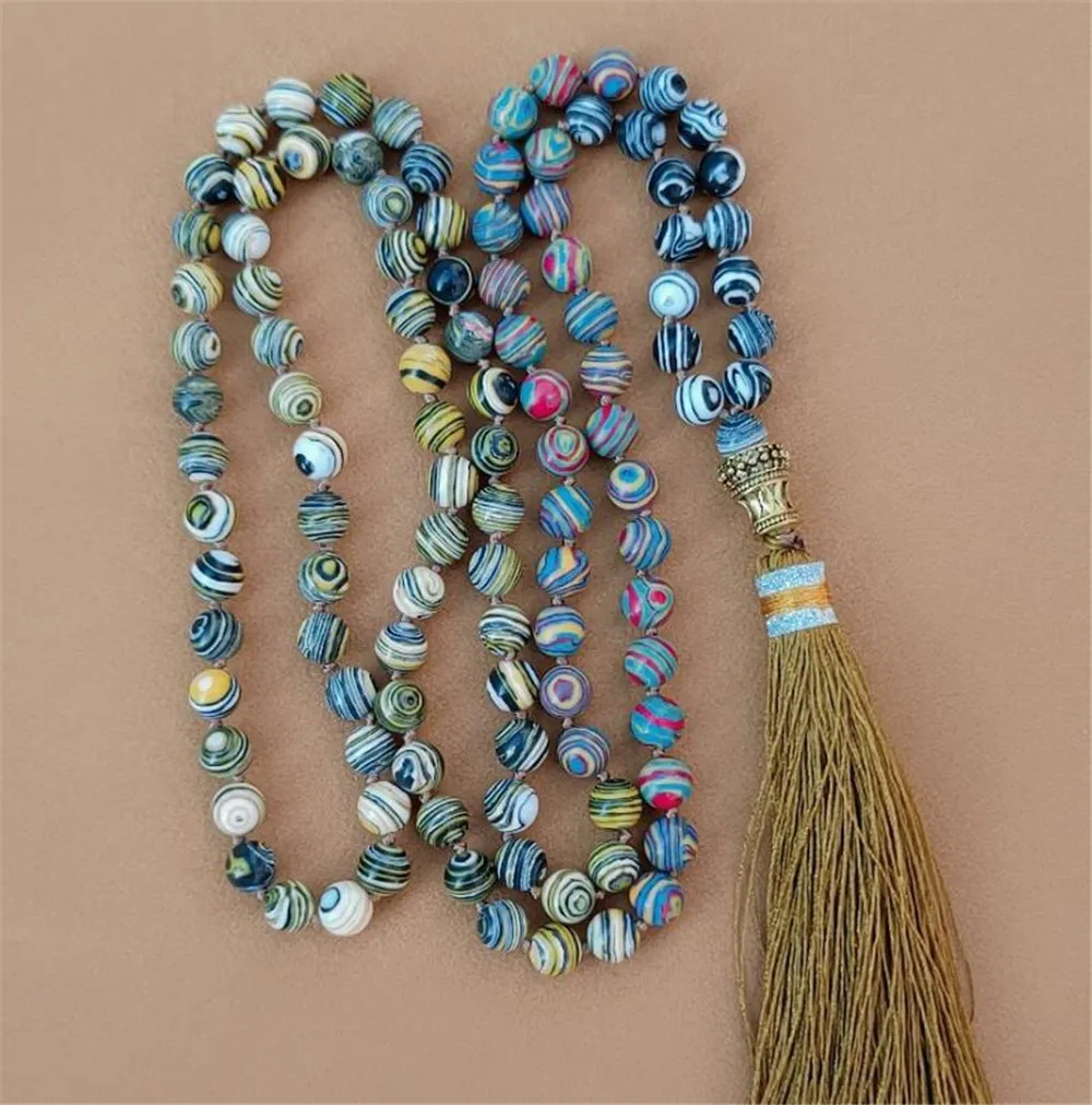 

8mm Striped Stone 108 Beads Tassel Knotted Necklace Meditation Cuff Yoga Healing Chic Pray Bracelet Elegant Classic Fancy