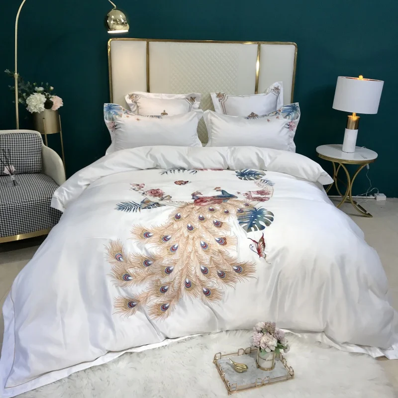 

White Satin Cotton Phoenix Embroidery Bedding Set Queen King Duvet Cover Set Bed Sheet Or Fitted Sheet Pillowcases Home Textile
