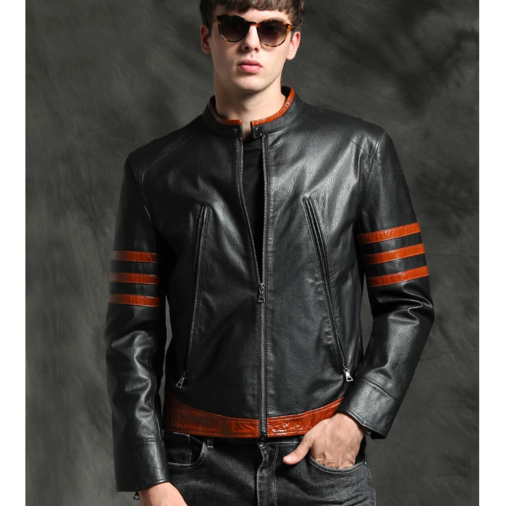 Мужская тонкая куртка из натуральной кожи с длинным рукавом черная овчина 100%