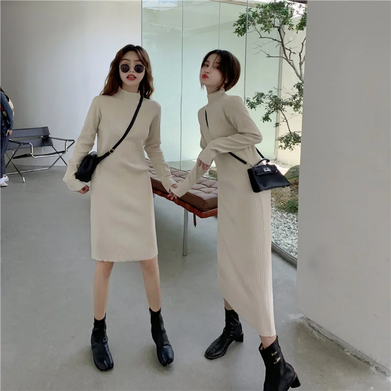 

CMAZ Dress For Women2021 Spring and Autumn Korean Style Short and Long over-the-Knee Knitted Dress Women's Half Turtleneck Base