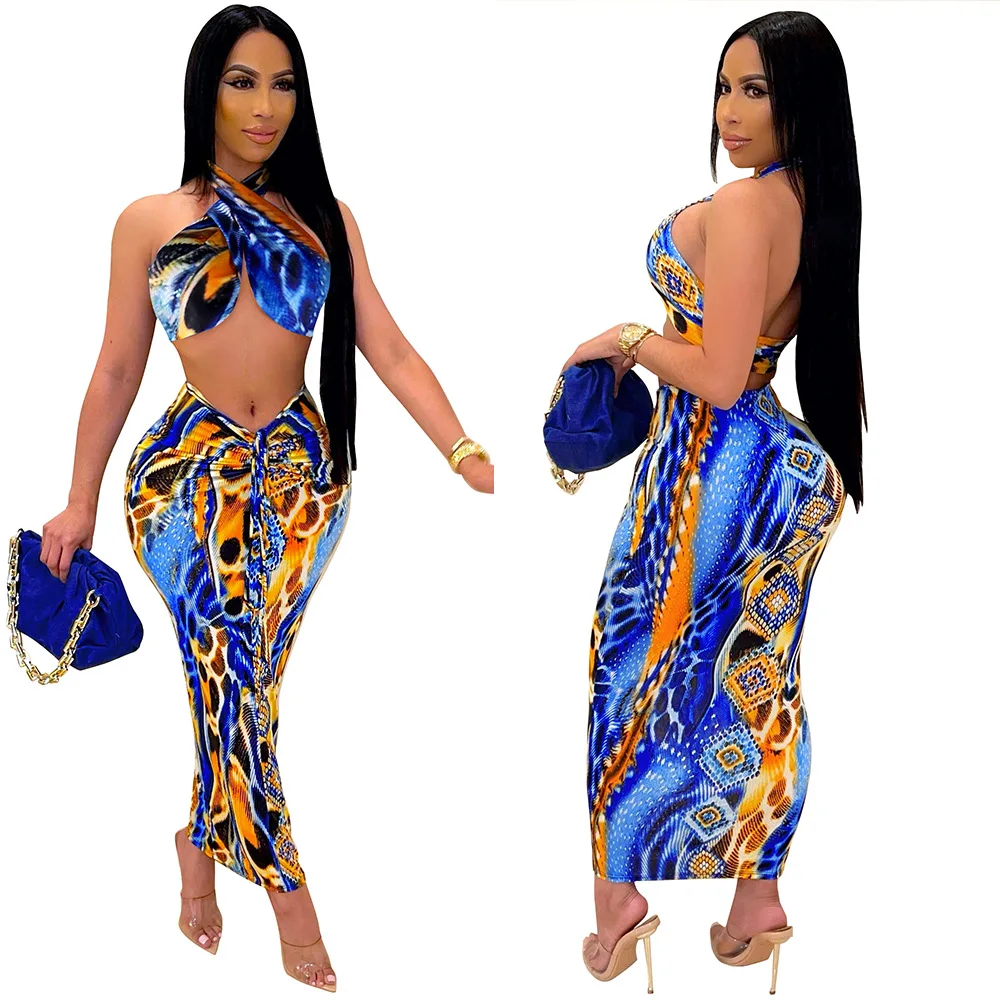 

Summer New Hot-Selling European and American Sexy Halter Top Hip Skirt Suit Printing Nightclub