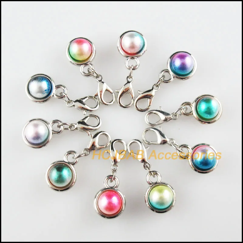 

20Pcs Dull Silver Plated Round Caps Retro Mixed Ball Acrylic 11x15mm With Lobster Claw Clasps Charms